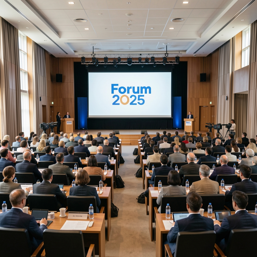 Большой конференц-зал с участниками медиафорума, экран с логотипом National Press Forum 2025